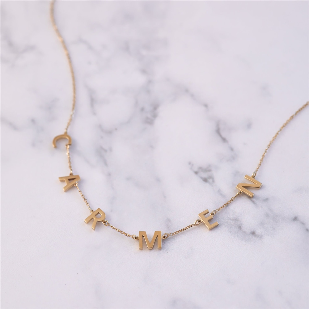 Goldstore-Custom Initial Word Solid Gold Necklace, 14k Real  Gold Initial Letter Necklace, Personalized Multiple Letters Charm Necklace Gift For Her