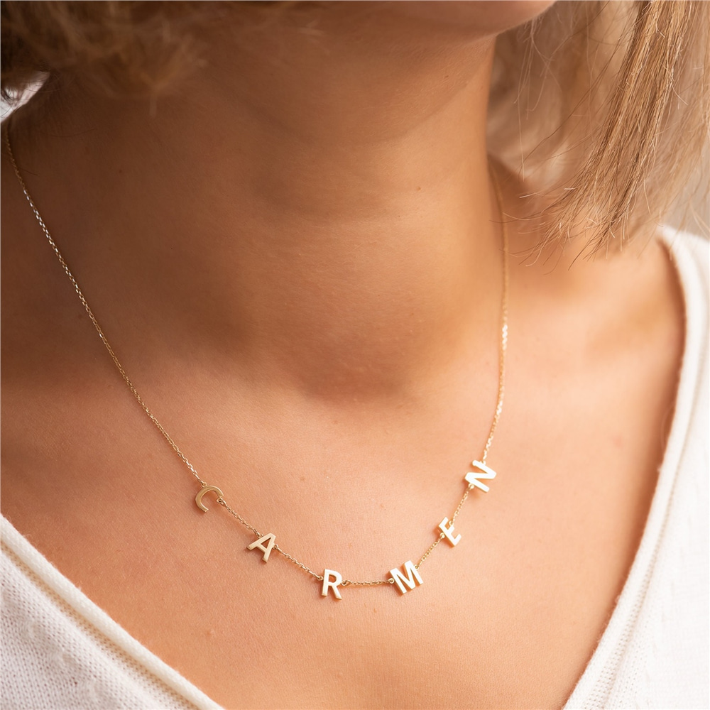 Goldstore-Custom Initial Word Solid Gold Necklace, 14k Real  Gold Initial Letter Necklace, Personalized Multiple Letters Charm Necklace Gift For Her