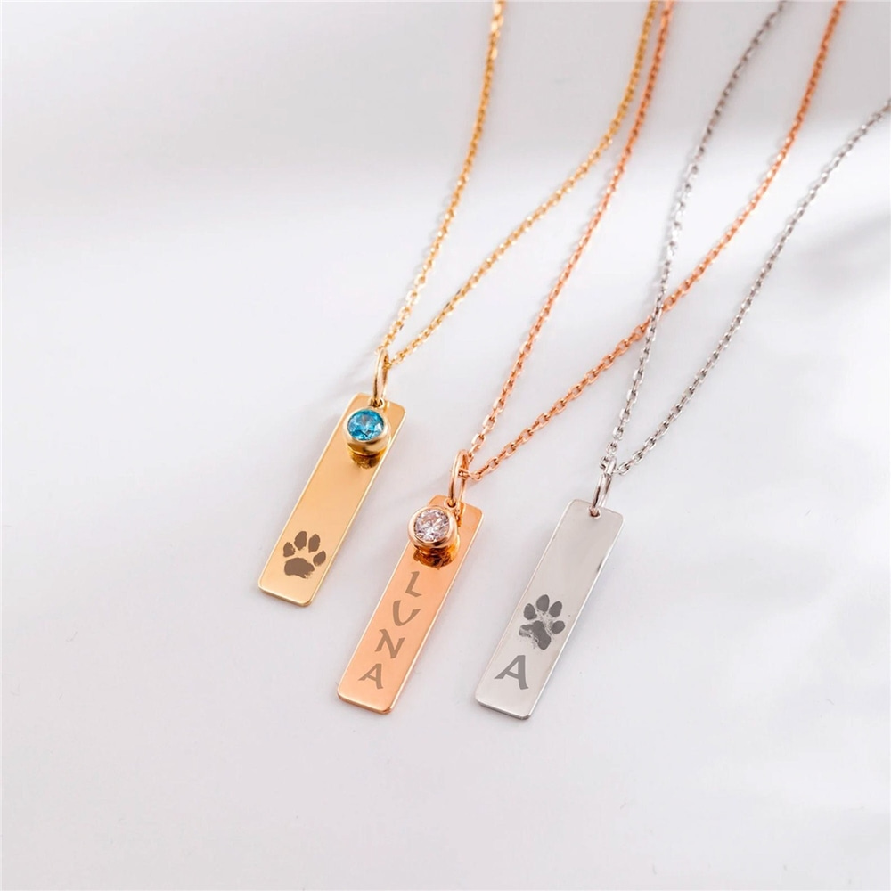 Goldstore-Custom Paw Print Bar Pendant Necklace 14K 18K Solid Gold, Custom Birthstone Paw Print Engrave Bar Pendant,Personalized Pet Memorial Necklace