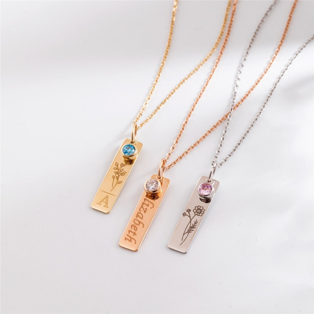 Goldstore-Custom Paw Print Bar Pendant Necklace 14K 18K Solid Gold, Custom Birthstone Paw Print Engrave Bar Pendant,Personalized Pet Memorial Necklace