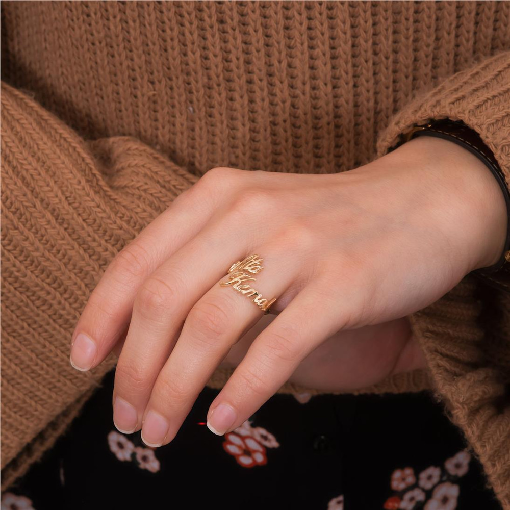 Goldstore-Custom Two Name Ring in Real Gold, 14K 18K Solid Gold Duo Name Ring, Double Name Ring Personalized Gift For Her, Personalized Gift For Mom