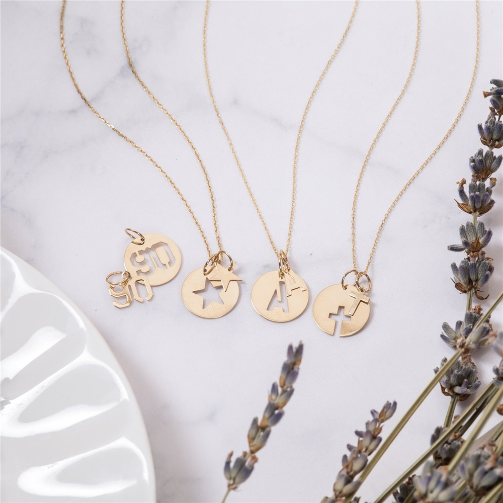 Goldstore-Cut-out Figure Necklace 14K Solid Gold, Personalized Number Symbol Disc Charm, Cutout Letter Necklace, Sports Number Necklace, Gift For Her