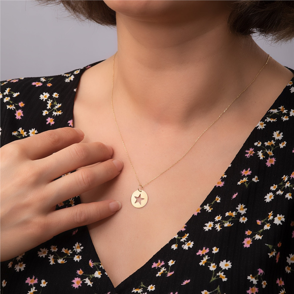 Goldstore-Cut-out Figure Necklace 14K Solid Gold, Personalized Number Symbol Disc Charm, Cutout Letter Necklace, Sports Number Necklace, Gift For Her