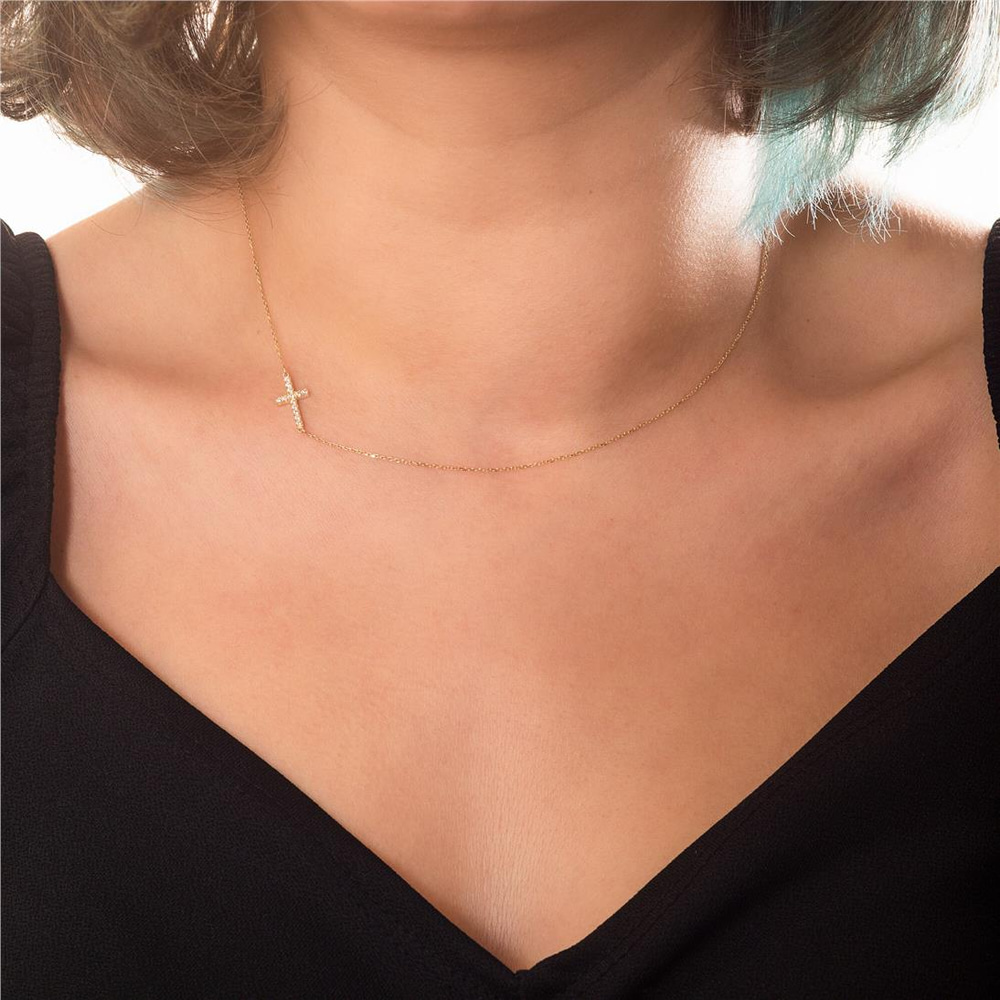 Goldstore-Dainty Cross Necklace 14K 18K Solid Gold, Diamond Cz Sideways Cross Necklace, Religious Cross Necklace Gift For Mother's Day, Communion Gift