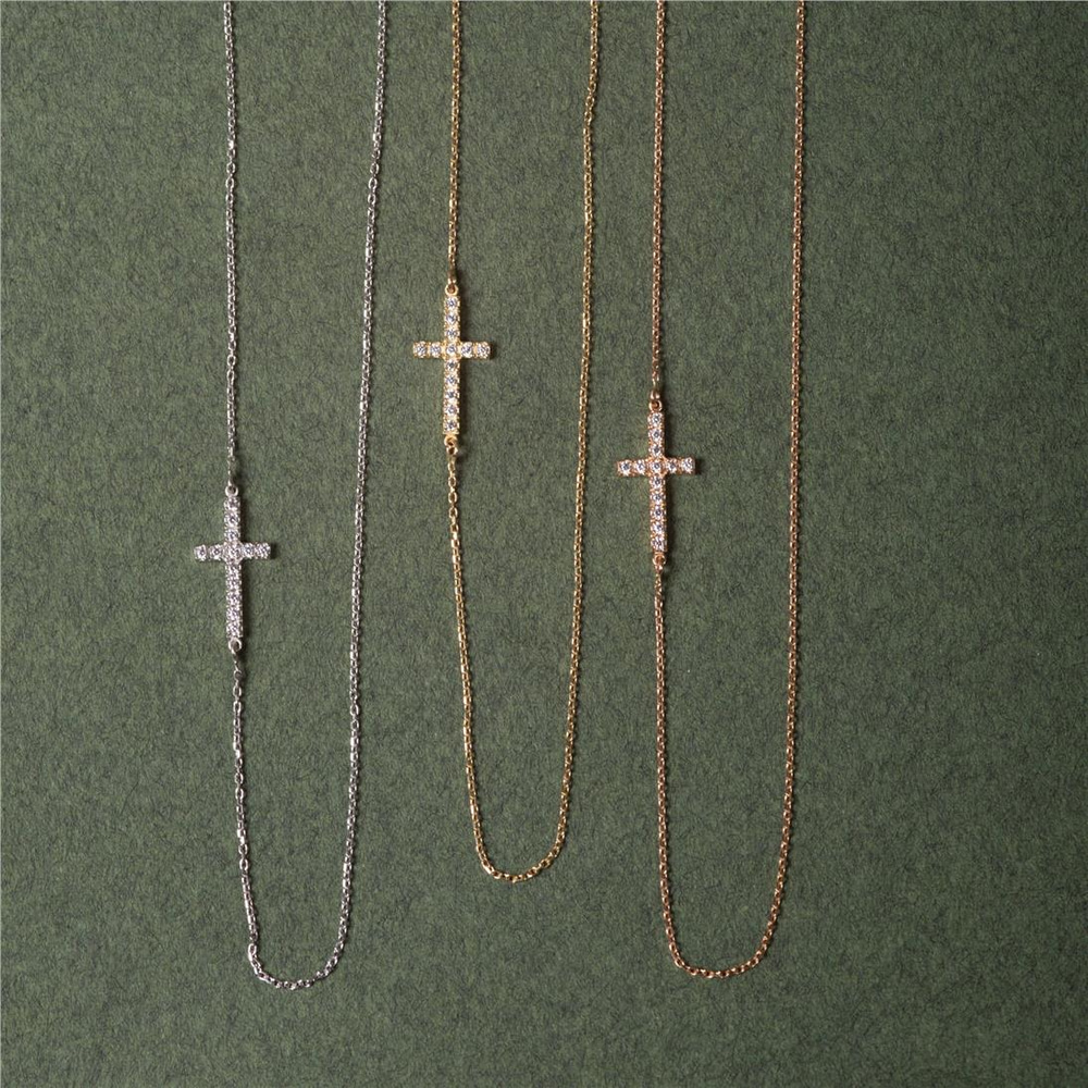 Goldstore-Dainty Cross Necklace 14K 18K Solid Gold, Diamond Cz Sideways Cross Necklace, Religious Cross Necklace Gift For Mother's Day, Communion Gift