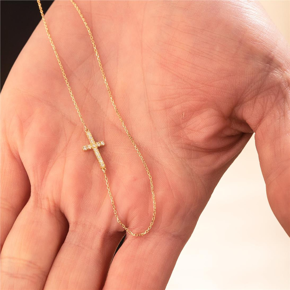 Goldstore-Dainty Cross Necklace 14K 18K Solid Gold, Diamond Cz Sideways Cross Necklace, Religious Cross Necklace Gift For Mother's Day, Communion Gift