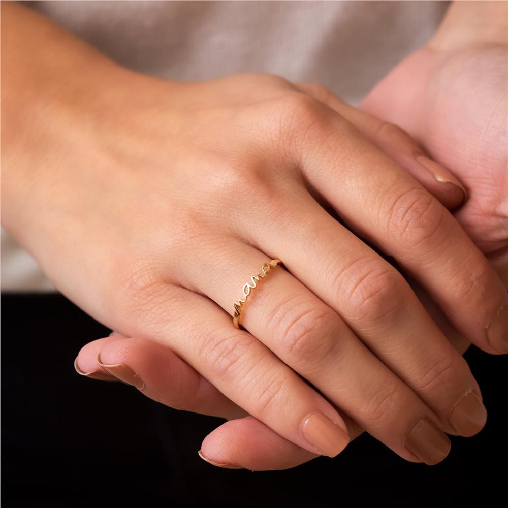 Goldstore-Dainty Custom Name Ring 14K 18K Solid Gold,  Personalized Children Stacking Name Ring, Mother Handwriting Name Ring, Grandma Gift, Mom Gift