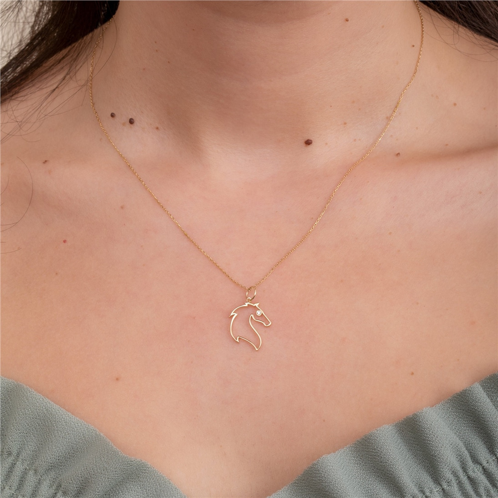 Goldstore-Dainty Diamond Horse Head Pendant Pendant Necklace in 14k 18k Solid Gold, Gold Horse Necklace, Animal Charm Horse Lover Pendant Necklace For