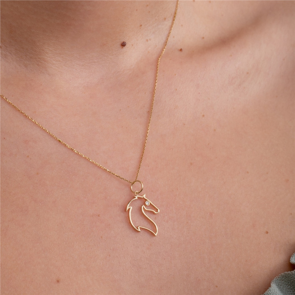 Goldstore-Dainty Diamond Horse Head Pendant Pendant Necklace in 14k 18k Solid Gold, Gold Horse Necklace, Animal Charm Horse Lover Pendant Necklace For