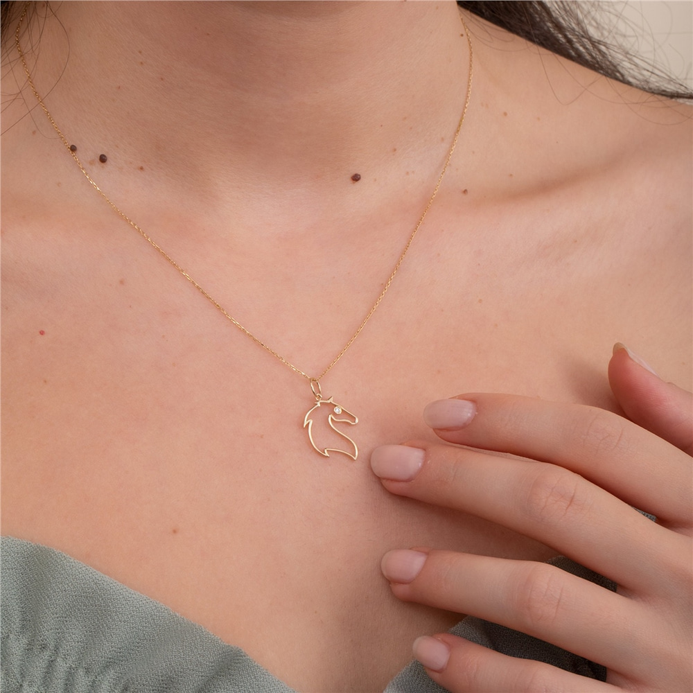 Goldstore-Dainty Diamond Horse Head Pendant Pendant Necklace in 14k 18k Solid Gold, Gold Horse Necklace, Animal Charm Horse Lover Pendant Necklace For
