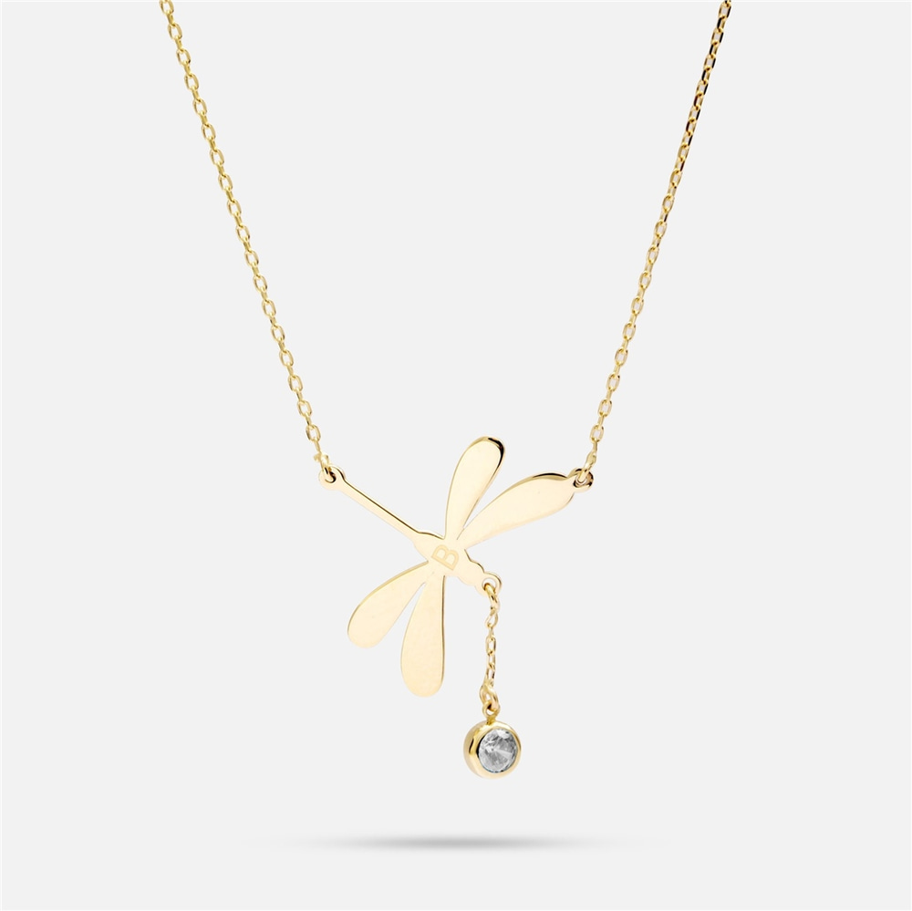 Goldstore-Dainty Diamond or Cz Dragonfly Necklace 14K 18K Solid Gold, April Birthstone Dragonfly Summer Jewelry, Dangling Diamond Insect Bug Necklace