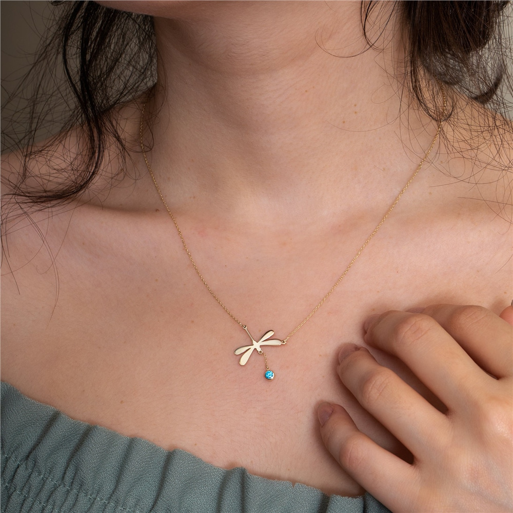 Goldstore-Dainty Diamond or Cz Dragonfly Necklace 14K 18K Solid Gold, April Birthstone Dragonfly Summer Jewelry, Dangling Diamond Insect Bug Necklace