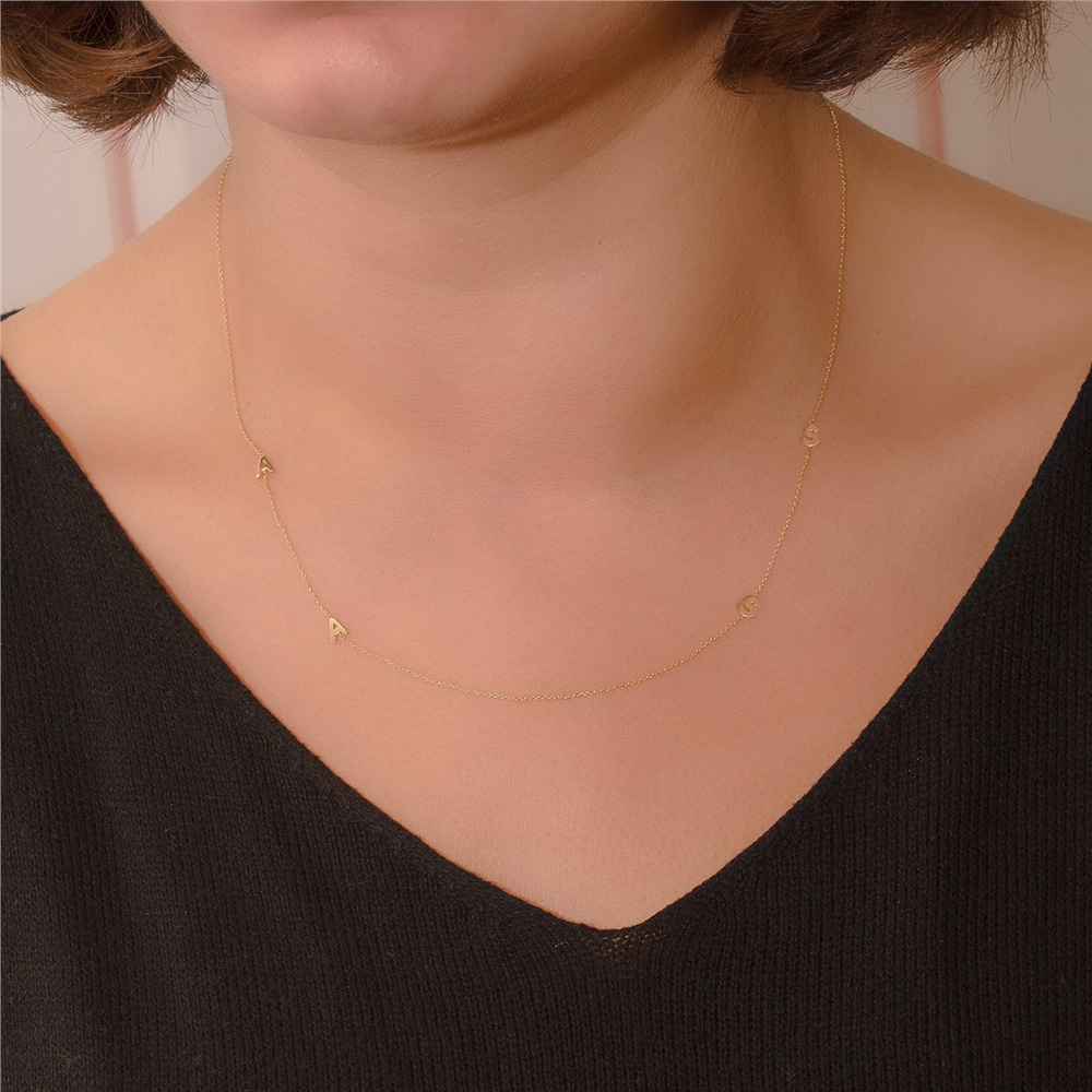 Goldstore-Dainty Initial 14k Gold Necklace, Sideways Minimal Initial Necklace, Gold Letters Birthstone Necklace, Multiple 1 2 3 4 Letters Necklace.