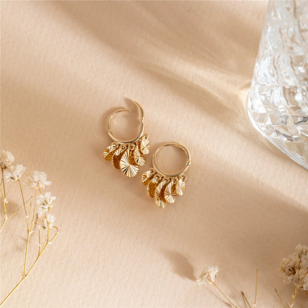 Goldstore-Dangling Pear Discs Hoop Earrings 14K Solid Gold, Dangling Diamond Cut Multiple Discs Earrings, Tear Drop Yellow Gold Hoop Earrings for Her
