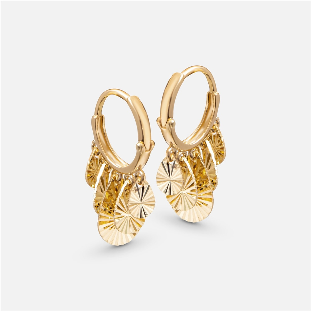 Goldstore-Dangling Pear Discs Hoop Earrings 14K Solid Gold, Dangling Diamond Cut Multiple Discs Earrings, Tear Drop Yellow Gold Hoop Earrings for Her