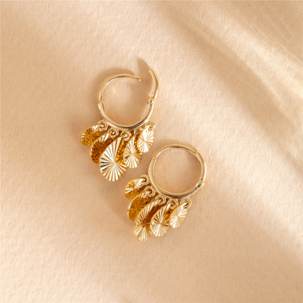 Goldstore-Dangling Pear Discs Hoop Earrings 14K Solid Gold, Dangling Diamond Cut Multiple Discs Earrings, Tear Drop Yellow Gold Hoop Earrings for Her