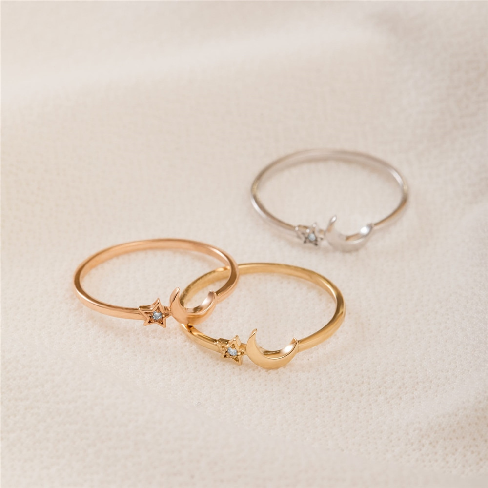 Goldstore-Diamond Crescent Moon Star Ring 14K 18K Solid Gold, Dainty Moon Star Promise Gold Diamond or Cz Ring, Celestial Stackable Ring Gift for Her