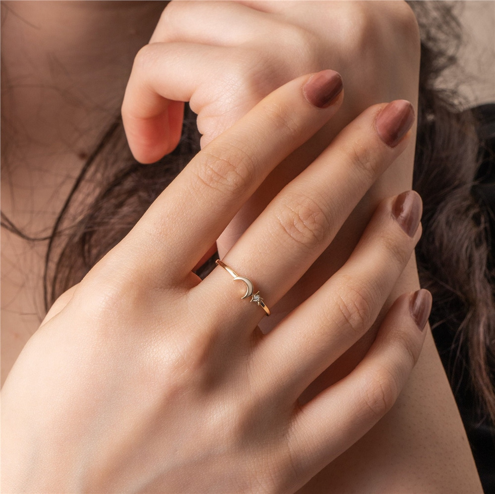 Goldstore-Diamond Crescent Moon Star Ring 14K 18K Solid Gold, Dainty Moon Star Promise Gold Diamond or Cz Ring, Celestial Stackable Ring Gift for Her
