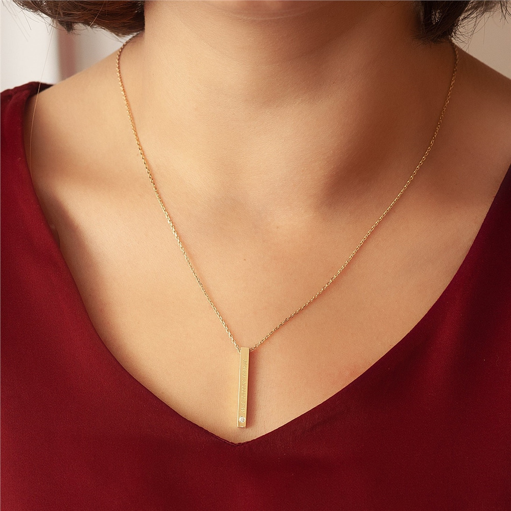 Goldstore-Diamond Gold 3D Bar Necklace, Personalized Vertical Diamond 14k 18k Gold Bar Necklace, Coordinates Dates Name Engrave Gold Bar Necklace.