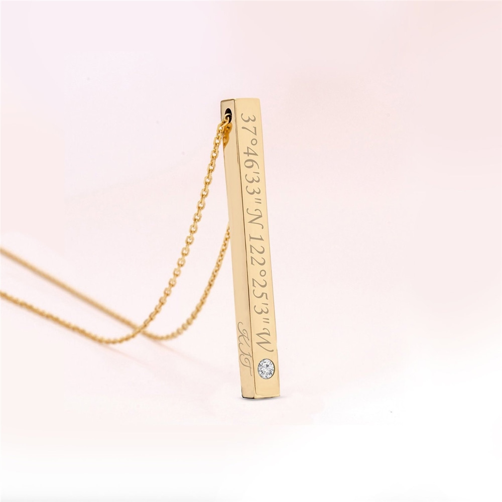 Goldstore-Diamond Gold 3D Bar Necklace, Personalized Vertical Diamond 14k 18k Gold Bar Necklace, Coordinates Dates Name Engrave Gold Bar Necklace.
