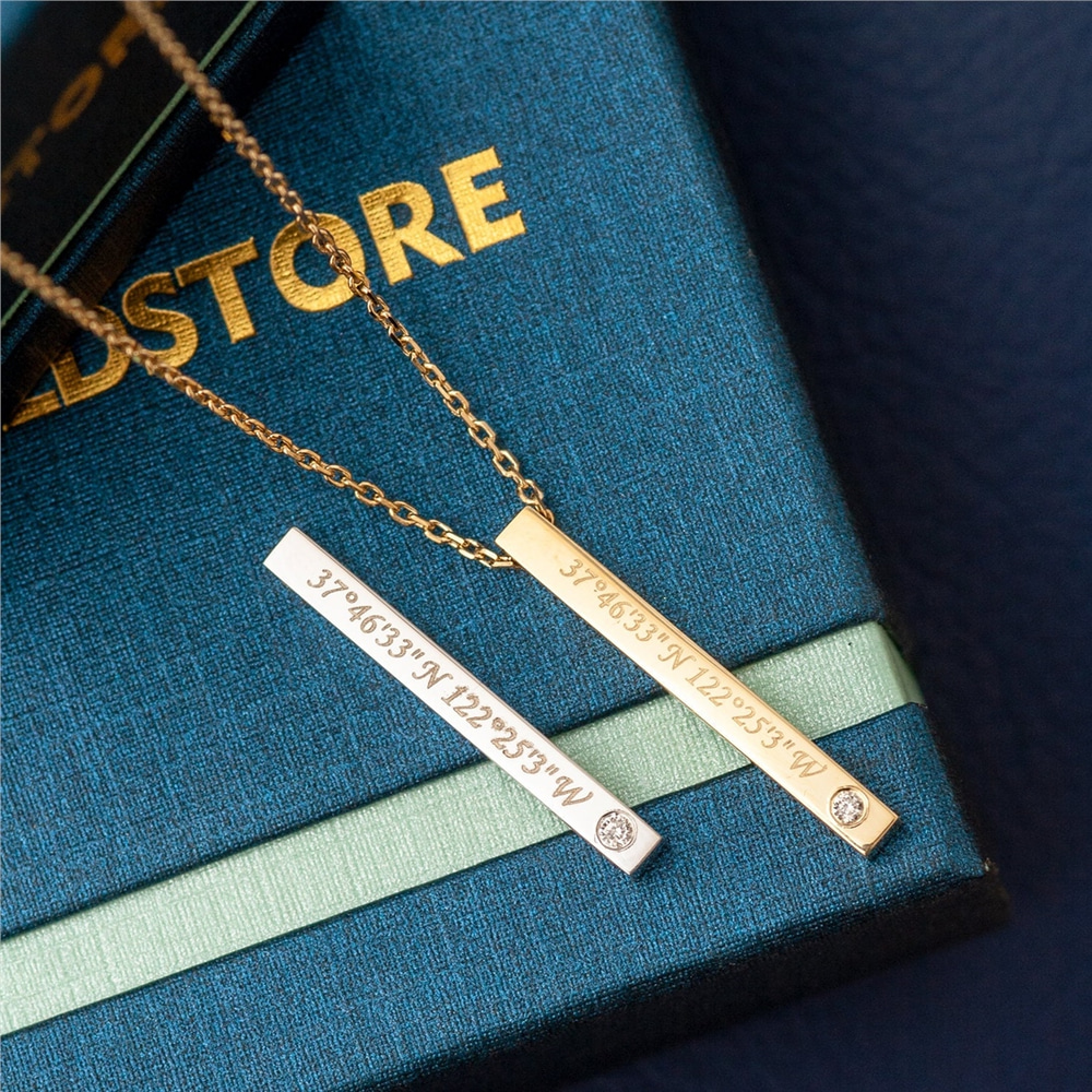Goldstore-Diamond Gold 3D Bar Necklace, Personalized Vertical Diamond 14k 18k Gold Bar Necklace, Coordinates Dates Name Engrave Gold Bar Necklace.