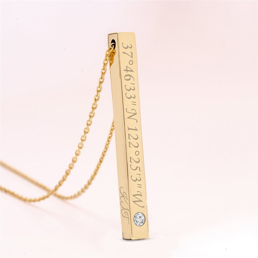 Goldstore-Diamond Gold 3D Bar Necklace, Personalized Vertical Diamond 14k 18k Gold Bar Necklace, Coordinates Dates Name Engrave Gold Bar Necklace.