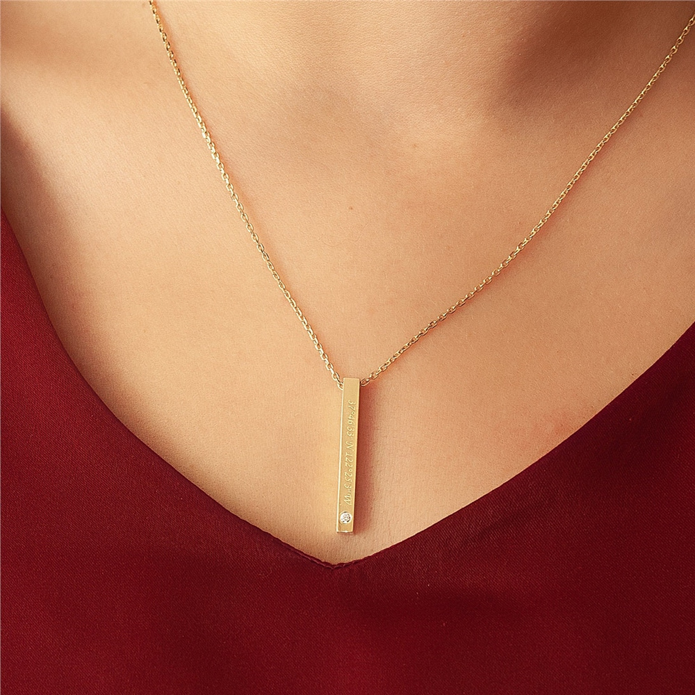 Goldstore-Diamond Gold 3D Bar Necklace, Personalized Vertical Diamond 14k 18k Gold Bar Necklace, Coordinates Dates Name Engrave Gold Bar Necklace.