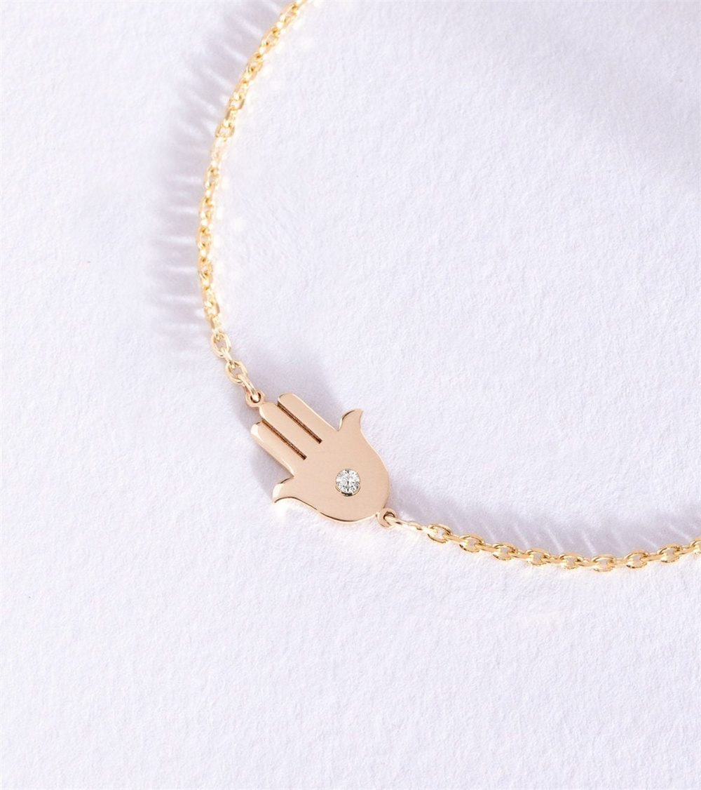 Goldstore-Diamond Hamsa Bracelet 14k 18k Solid Gold, Birthstone Fatima Hand Bracelet, Dainty Diamond Lucky Hamsa Bracelet, Birthday Gift For Her
