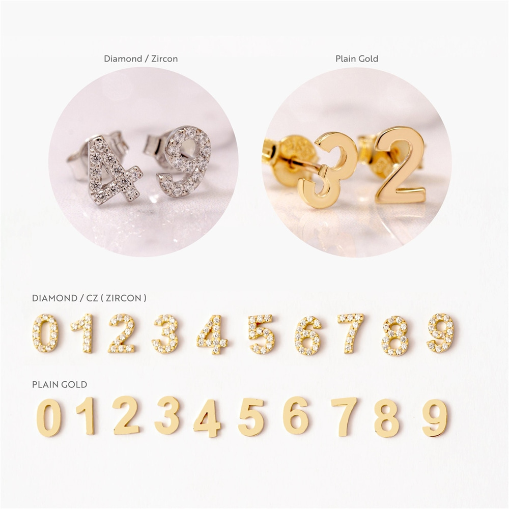 Goldstore-Diamond Number Earrings, 14K Solid Gold Numbers Stud Earring, Cz Personalized Custom Number Gold Earring is Bridesmaid Gift Valentine's gift