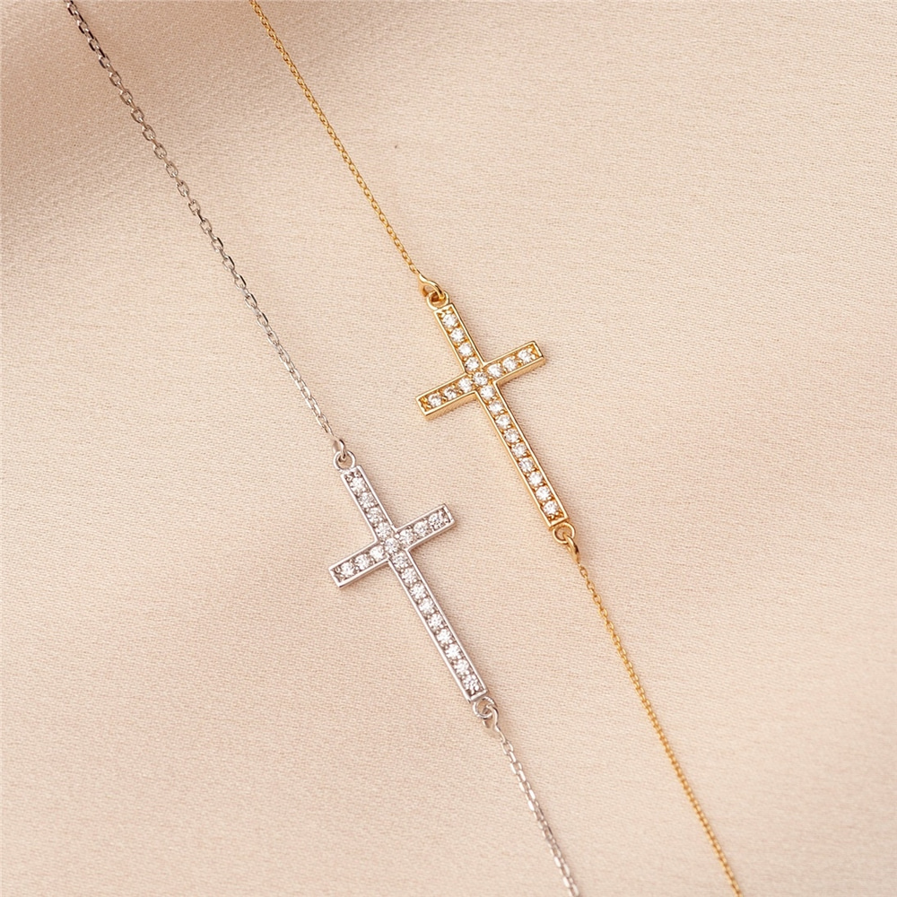 Goldstore-Diamond Sideways Cross Bracelet, 14k 18k Solid Gold Dainty Cross Bracelet, Diamond Religious Bracelet, Communion Gift Cross Bracelet.