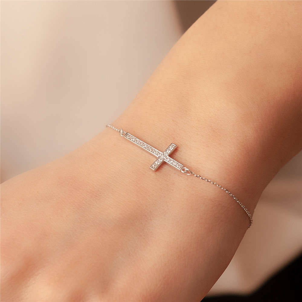 Goldstore-Diamond Sideways Cross Bracelet, 14k 18k Solid Gold Dainty Cross Bracelet, Diamond Religious Bracelet, Communion Gift Cross Bracelet.