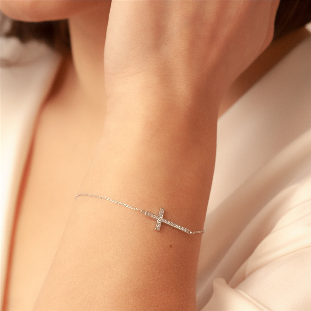 Goldstore-Diamond Sideways Cross Bracelet, 14k 18k Solid Gold Dainty Cross Bracelet, Diamond Religious Bracelet, Communion Gift Cross Bracelet.