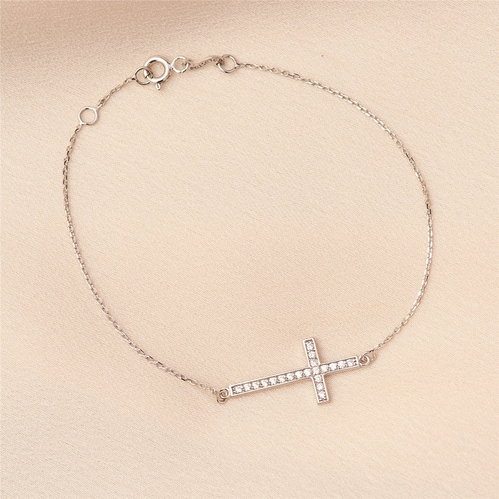 Goldstore-Diamond Sideways Cross Bracelet, 14k 18k Solid Gold Dainty Cross Bracelet, Diamond Religious Bracelet, Communion Gift Cross Bracelet.