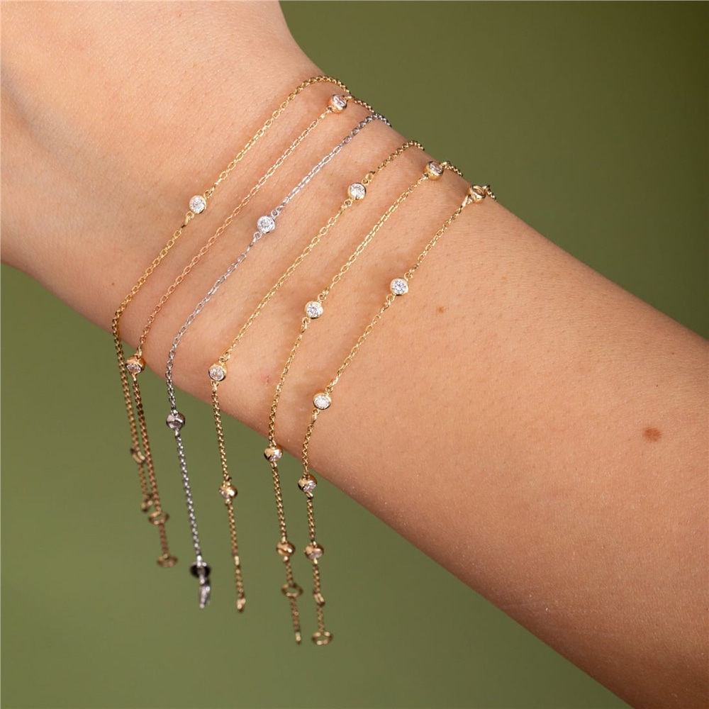 Goldstore-Diamonds By The Yard Bracelet 14K 18K Solid Gold, Dainty Station Genuine Diamond Bracelet, Bezel Diamond Setting Bracelet, Gift For Her