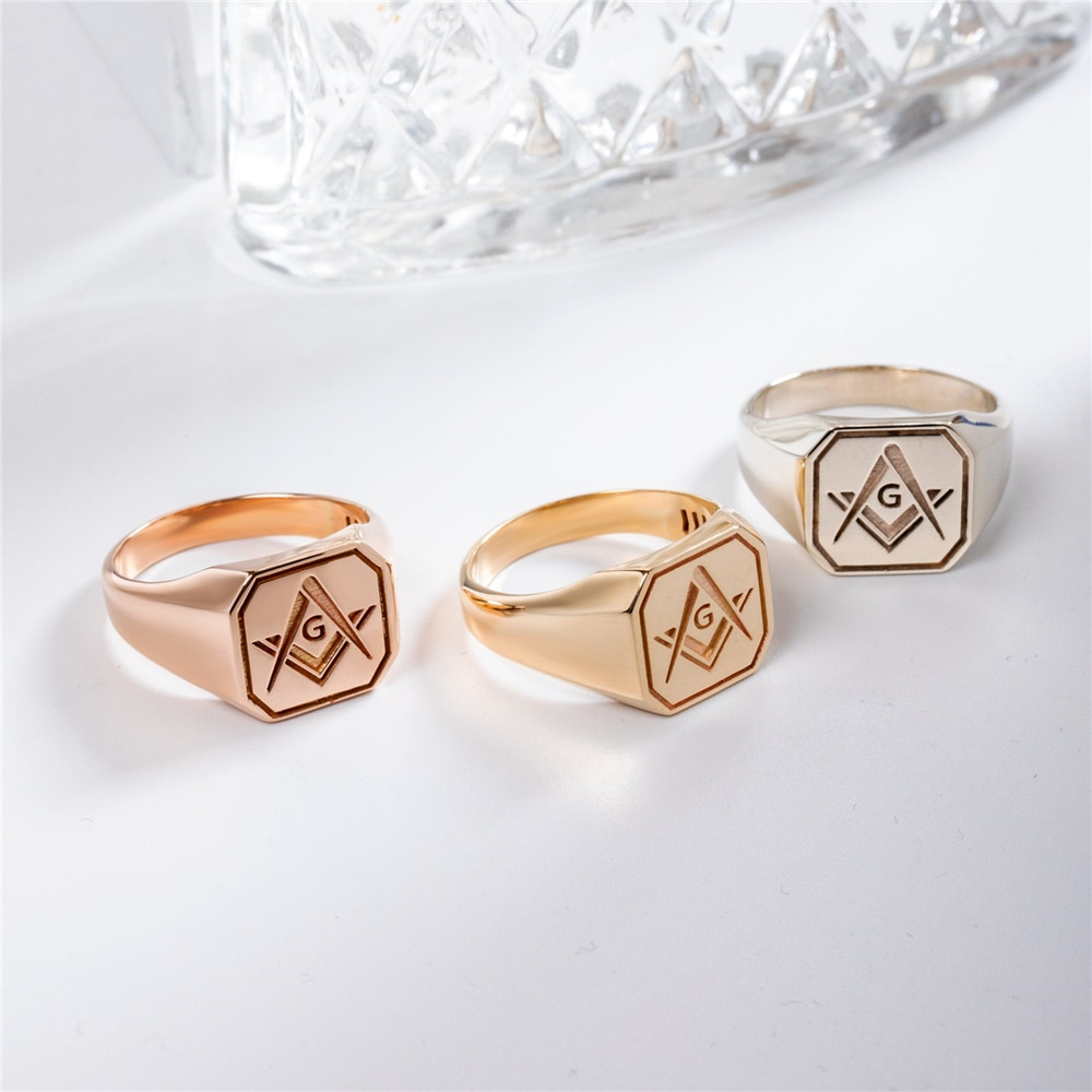 Goldstore-Enamel Signet Masonic Ring 14K 18K Real Gold, Elegant Mason Symbol Gold Ring, Freemasonry Symbol Sign Ring, Stylish Sign Ring Gift For Him