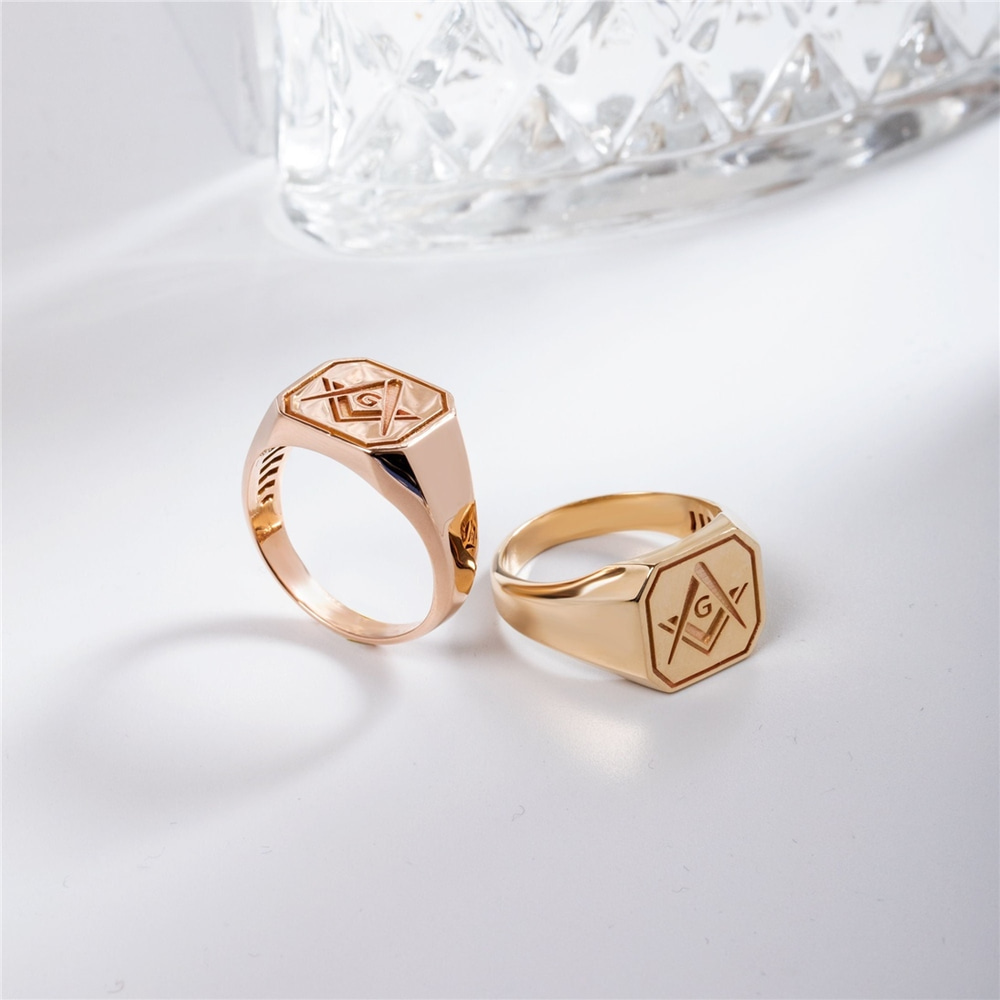 Goldstore-Enamel Signet Masonic Ring 14K 18K Real Gold, Elegant Mason Symbol Gold Ring, Freemasonry Symbol Sign Ring, Stylish Sign Ring Gift For Him