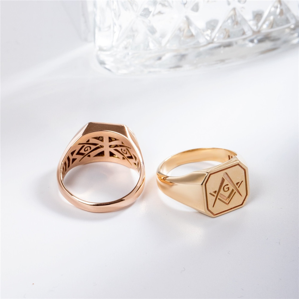 Goldstore-Enamel Signet Masonic Ring 14K 18K Real Gold, Elegant Mason Symbol Gold Ring, Freemasonry Symbol Sign Ring, Stylish Sign Ring Gift For Him