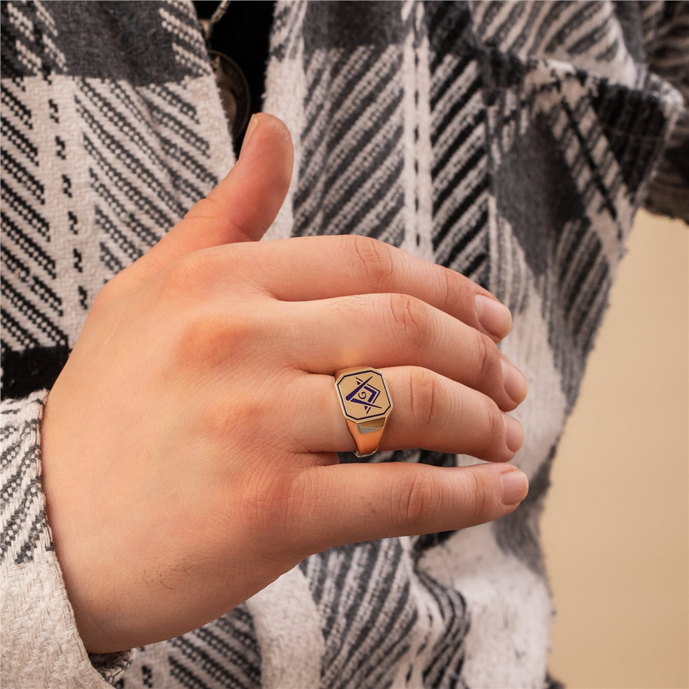 Goldstore-Enamel Signet Masonic Ring 14K 18K Real Gold, Elegant Mason Symbol Gold Ring, Freemasonry Symbol Sign Ring, Stylish Sign Ring Gift For Him