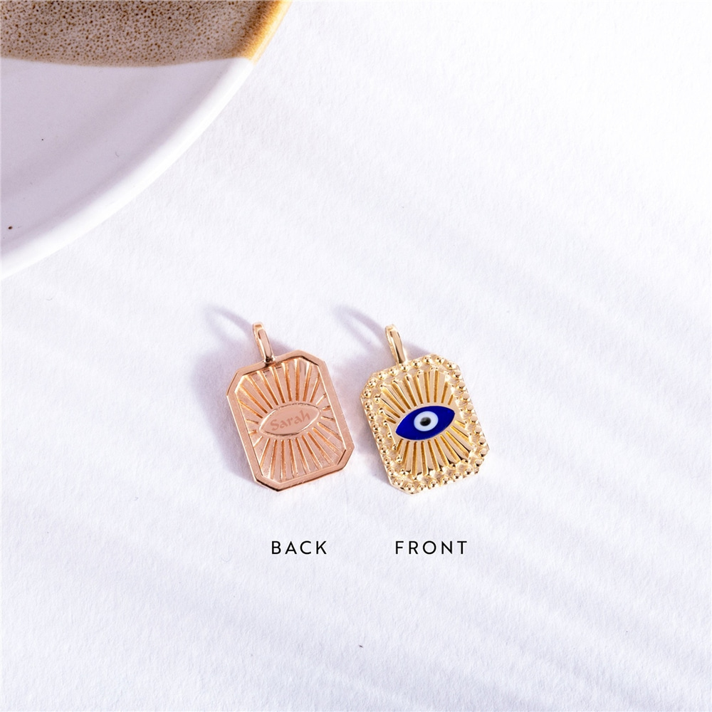 Goldstore-Evil Eye Fluted Disc Medallion Pendant 14K 18K Solid Gold, Enamel Evil Eye Ballerina Custom Backside Engrave Pendant, Sunlight Eye Pendant