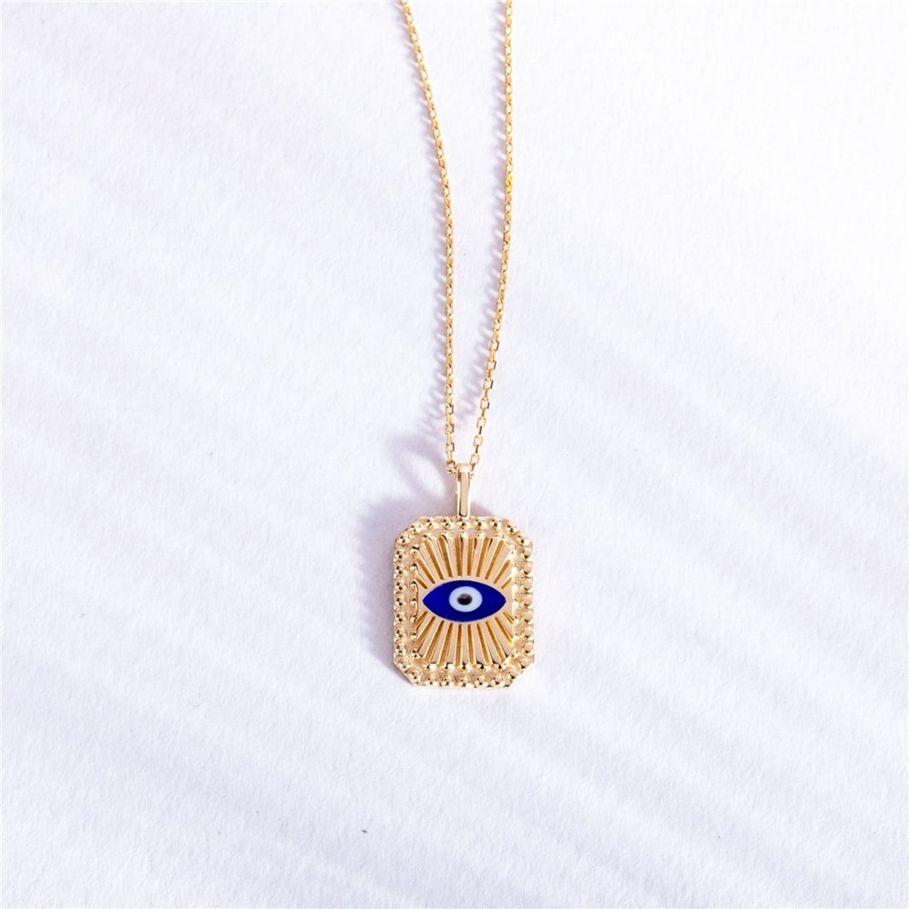Goldstore-Evil Eye Fluted Disc Medallion Pendant 14K 18K Solid Gold, Enamel Evil Eye Ballerina Custom Backside Engrave Pendant, Sunlight Eye Pendant