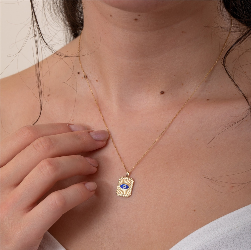 Goldstore-Evil Eye Fluted Disc Medallion Pendant 14K 18K Solid Gold, Enamel Evil Eye Ballerina Custom Backside Engrave Pendant, Sunlight Eye Pendant