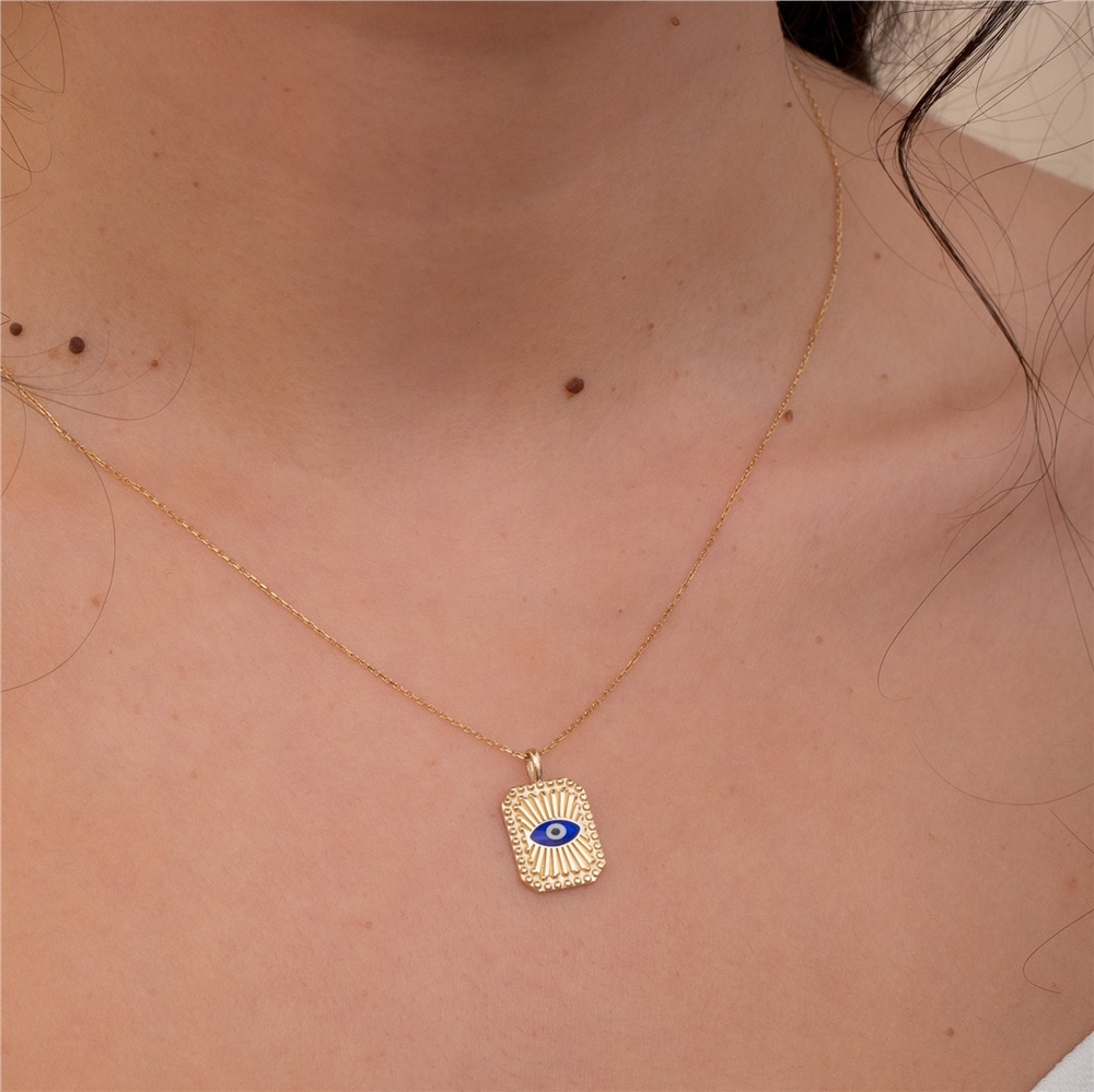Goldstore-Evil Eye Fluted Disc Medallion Pendant 14K 18K Solid Gold, Enamel Evil Eye Ballerina Custom Backside Engrave Pendant, Sunlight Eye Pendant