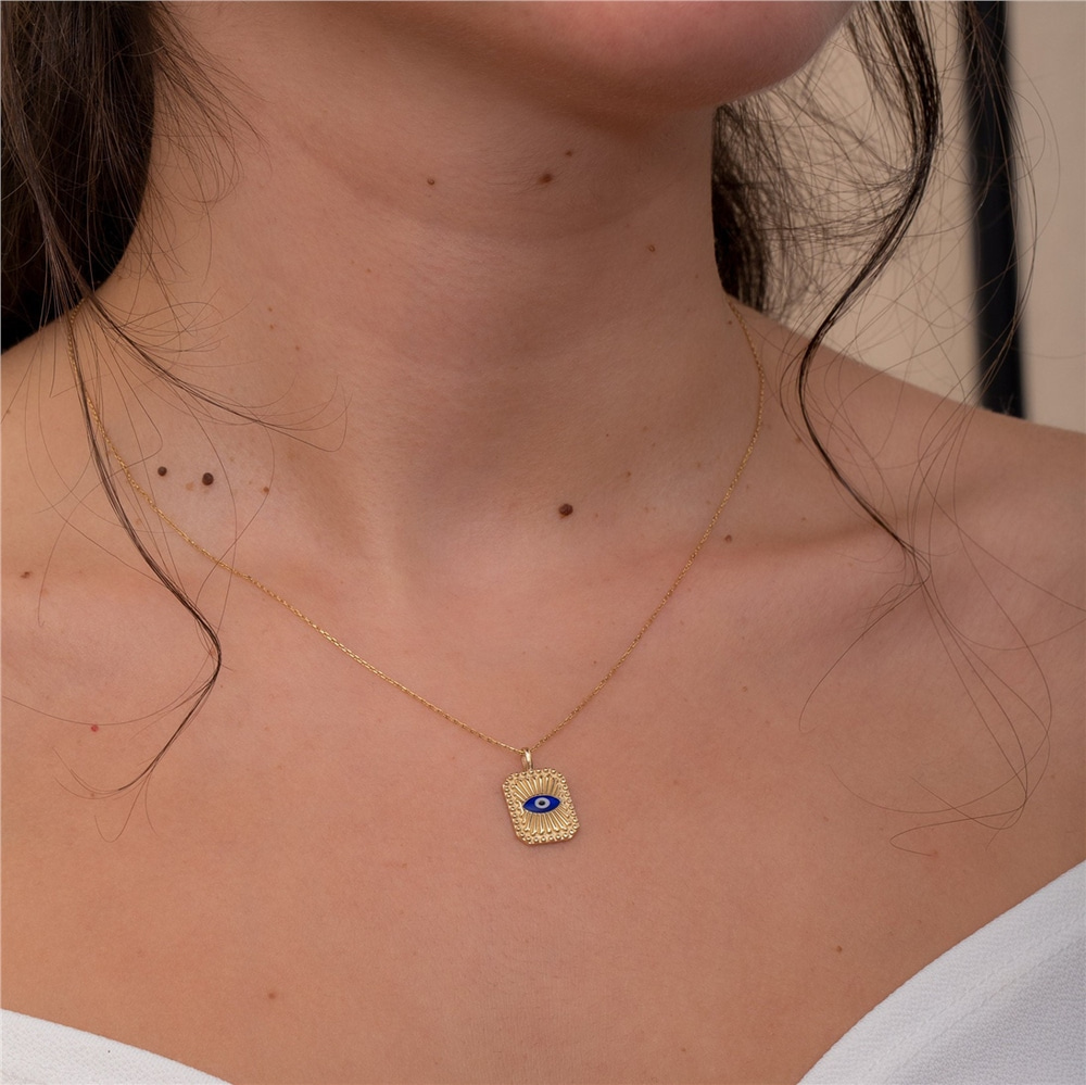 Goldstore-Evil Eye Fluted Disc Medallion Pendant 14K 18K Solid Gold, Enamel Evil Eye Ballerina Custom Backside Engrave Pendant, Sunlight Eye Pendant