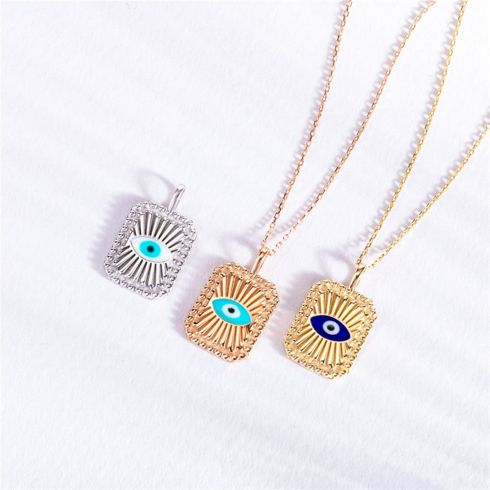 Goldstore-Evil Eye Fluted Disc Medallion Pendant 14K 18K Solid Gold, Enamel Evil Eye Ballerina Custom Backside Engrave Pendant, Sunlight Eye Pendant