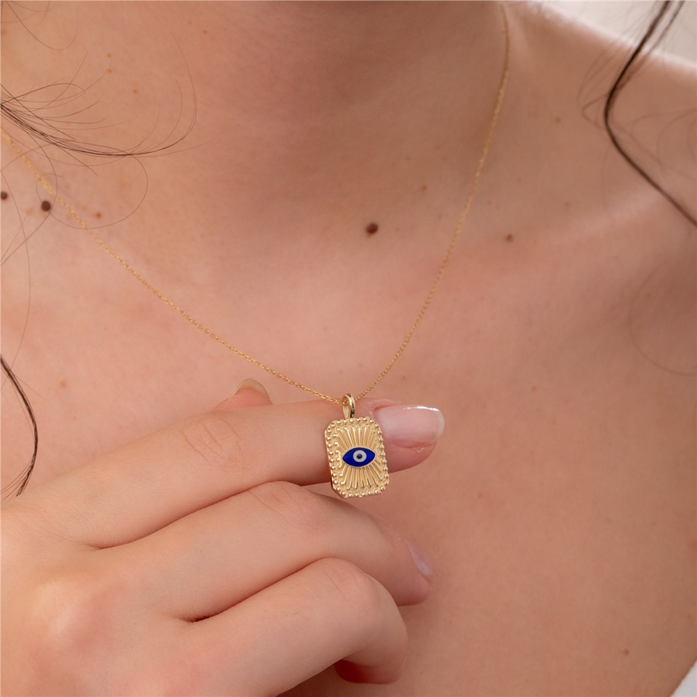 Goldstore-Evil Eye Fluted Disc Medallion Pendant 14K 18K Solid Gold, Enamel Evil Eye Ballerina Custom Backside Engrave Pendant, Sunlight Eye Pendant