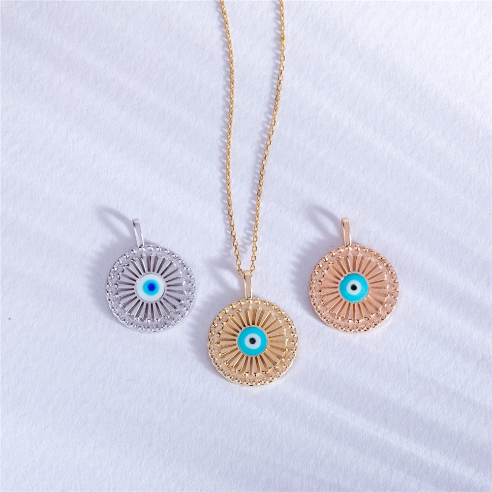 Goldstore-Evil Eye Fluted Round Disc Medallion Pendant 14K 18K Solid Gold, Enamel Evil Eye Ballerina Circle Shape Pendant, Custom Initial Sunburst Eye