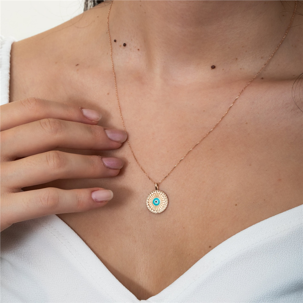 Goldstore-Evil Eye Fluted Round Disc Medallion Pendant 14K 18K Solid Gold, Enamel Evil Eye Ballerina Circle Shape Pendant, Custom Initial Sunburst Eye