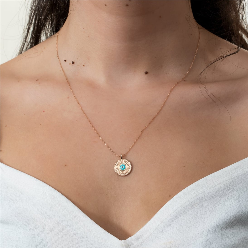 Goldstore-Evil Eye Fluted Round Disc Medallion Pendant 14K 18K Solid Gold, Enamel Evil Eye Ballerina Circle Shape Pendant, Custom Initial Sunburst Eye