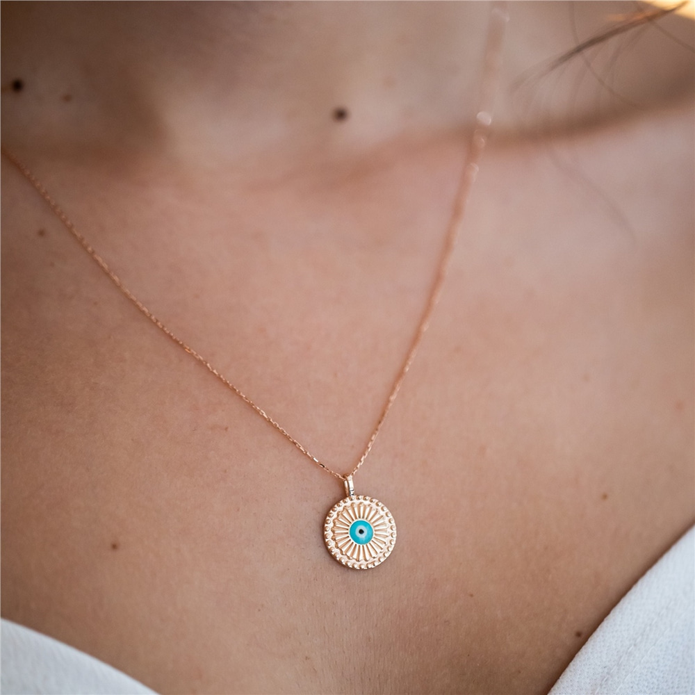 Goldstore-Evil Eye Fluted Round Disc Medallion Pendant 14K 18K Solid Gold, Enamel Evil Eye Ballerina Circle Shape Pendant, Custom Initial Sunburst Eye