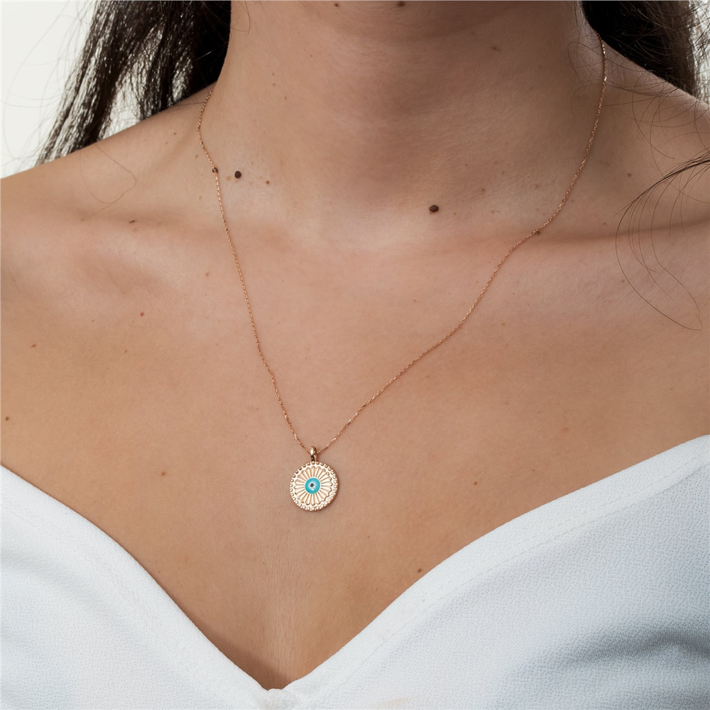 Goldstore-Evil Eye Fluted Round Disc Medallion Pendant 14K 18K Solid Gold, Enamel Evil Eye Ballerina Circle Shape Pendant, Custom Initial Sunburst Eye